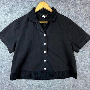 Vintage Basement Cropped Shirt Womens Large Black Camp Collar Retro Boxy USA